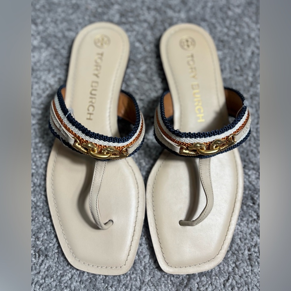 Tory Burch Cream Leather Thong Sandals with Navy & Brown Trim and Gold Accent